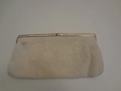 Vintage Beaded Clutch Evening Bag Flower Pattern Pearl Color Large Top Clasp - Image 1 of 4