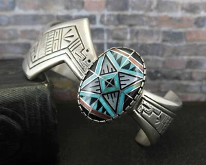 RMT Carolyn Pollack Relios 925 Sterling Southwestern Inlaid Stone Cuff Bracelet - Picture 1 of 10