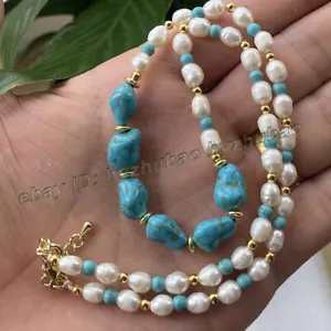 Collar Colgante 14-28" 5-6mm Arroz Blanco Perla y Azul Turquesa Pepita Gemas Cuentas - Imagen 1 de 7