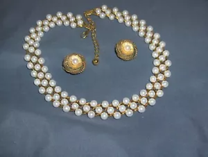 Vintage Jewelry 3 Row Faux Pearl Necklace With Winard Clip Earrings (signed) - Picture 1 of 4