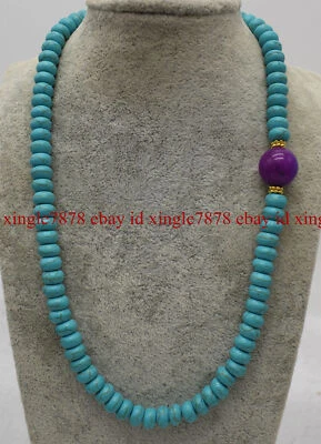 5x8mm Blue Turquoise & 14mm Purple Sugilite Gemstone Beads Necklace 20" AAA+ - Image 1 of 4