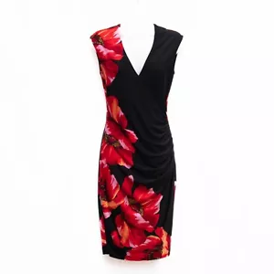 Vintage Cache Kleid XS Stretch schwarz drapiert Kunsthalstuch mit großen Mohnblumen Blumenmuster - Bild 1 von 7