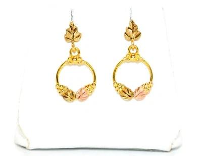 Black Hills Gold Earrings 10K Solid Gold Grape Leaf Earrings Tri-Color Gold USA - Image 1 of 4