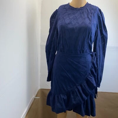 J. Vestido envolvente Crew azul marino texturizado con dobladillo con volantes y mangas largas talla L usado Foto 1 de 4