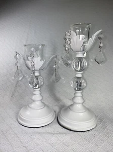 Crystals (plastic) & White Metal Candle Stick Holders 10.5” & 8” dangle crystals - Imagen 1 de 15