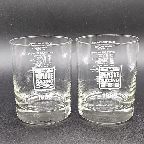 Set of 2 Vintage 1989 Penske Racing Team 12 oz Glass Lot With Drivers Listed Cover