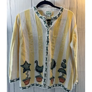 Vintage 90s Quacker Factory Sweater Women Med Cardigan Topiary Yellow - Picture 1 of 11