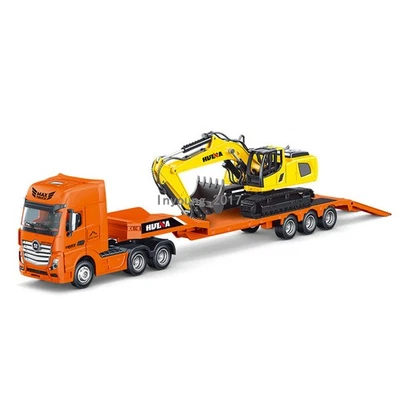 1:50 Flatbed Truck with Excavator Diecast Construction Equipment Toys Set Orange - Image 1 of 4