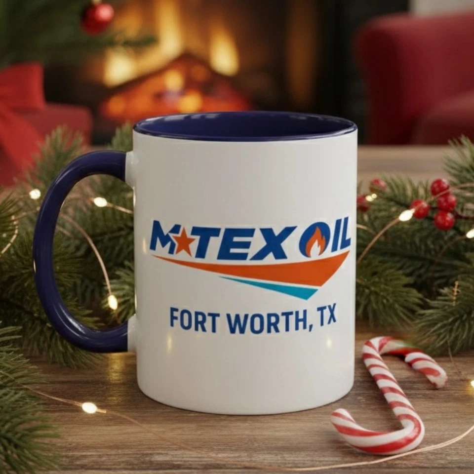 HUELOGIC DESIGNS M-Tex Oil Fort Worth Tx Logo Mug Landman Accent Coffee Mug Billy Bob 15oz
