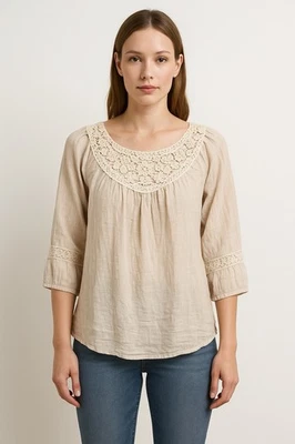 Jolt Ivory Lace Crochet Peasant Tunic Top M Boho Lagenlook Coastal Western - Image 1 of 4