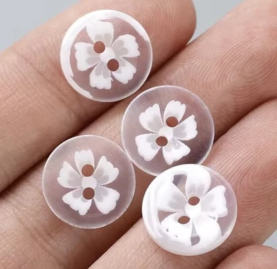 14.5mm X 10 Pc Clear White Floral 2 Hole Child Cute Buttons Flower Retro Vintage - Image 1 of 4
