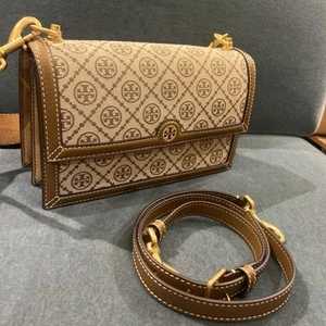 NEW WITH TAG TORY BURCH T MONOGRAM JACQUARD SHOULDER BAG COLOR HAZEL Discontinue - Picture 1 of 6