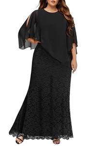 Plus Sz Elegant Chiffon Cape Chiffon Overlay Formal Dress Evening Lace Black 28W - Picture 1 of 6