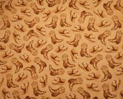 Western Fabric 7/8 Yard Tossed Cowboy Boots & Hats on Tan Premium Cotton - Image 1 of 2