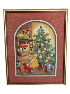 Vtg Handmade Framed Crewel Embroidery Picture Children Decorated Xmas Tree Santa - Picture 1 of 8