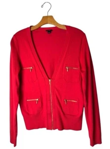 Ann Taylor Sweater Women Large Red Cotton Knit Zipper Front V Neck Cardigan - Picture 1 of 11