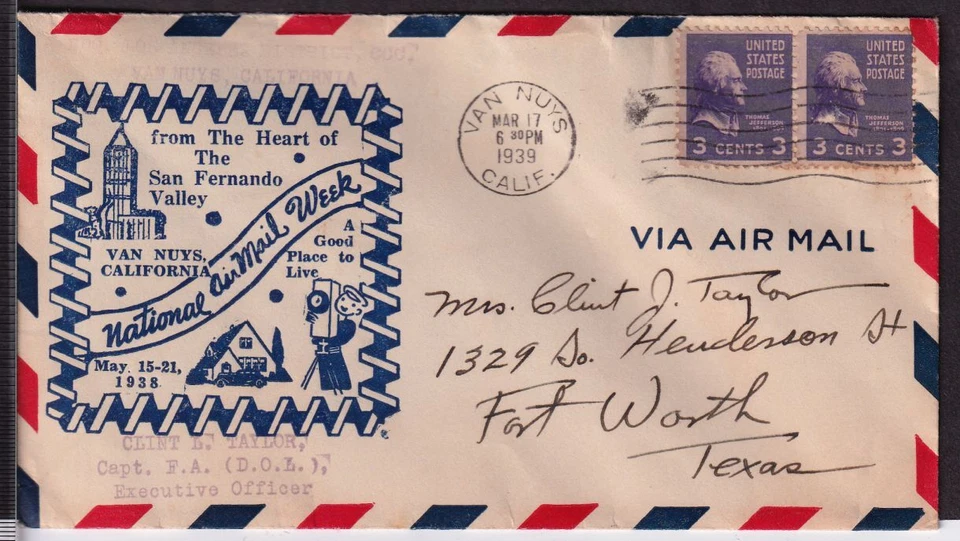 1938 National Air Mail Week NAMW Van Nuys CA California with official cachet - Image 1 of 1