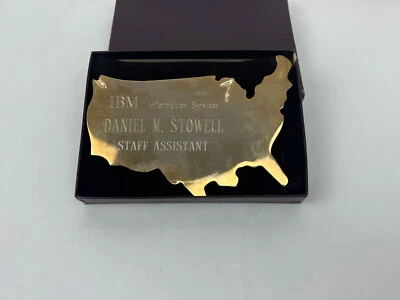 IBM Desktop Paperweight Nameplate USA Shaped Gold Tone Staff Assistant - Image 1 of 4