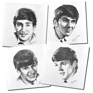 The Beatles - 4er Set detaillierte Strichzeichnungen 12,5”x 12,5” - um 1964 - Bild 1 von 2