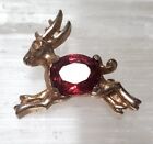 VTG Reindeer Prancing Brooch Gold-Tone Red Garnet Colored Rhinestone Center Pin