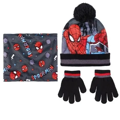 Spiderman Marvel Da 3 - 7anni Cappello Pompon Con Scaldacollo Guanti Invernale • 27.90€