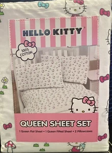 NWT Rare Hello Kitty by Sanrio 4 pc QUEEN Bed sheet set 100% cotton Mushrooms - Picture 1 of 3