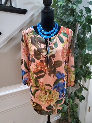 Blusa Top Gibson & Latimer Mujer Multi Hawaiana Encaje Cuello en V Manga Larga Talla 2X Foto 1 de 4