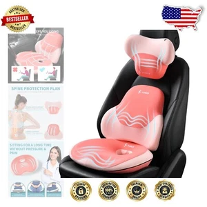 Ergonomic Memory Foam Car Neck Headrest & Lumbar Support Pillow Set in Pink - Picture 1 of 11