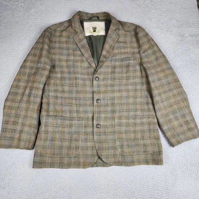 Tommy Bahama Blazer Mens Large Brown Blue Plaid Linen Silk Blend Sport Coat - Image 1 of 4