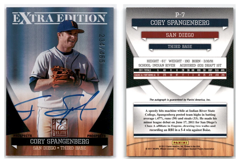 2011 Donruss Elite Extra Prospects Auto P-7 Cory Spangenberg /465 Padres - Image 1 of 1