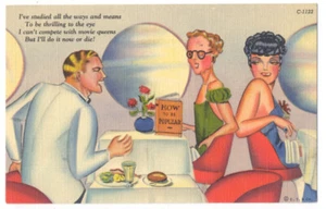 Very DECO LOOK Dining Flirtation & Poem CT WINE & DINE Linen COMICS C-1122 1938 - Picture 1 of 2
