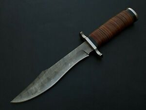 13" CUSTOM HAND MADE DAMASCUS STEEL BOWIE KNIFE LEATHER HANDLE W/SHEATH E702