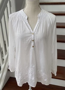 Lilly Pulitzer Damen weiße mittlere Bluse bestickt Tunika goldfarbene Knöpfe - Bild 1 von 14