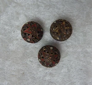 3 VINTAGE PIERCED MIRROR BACK ART NOUVEAU PAINTED METAL BUTTONS SET ANTIQUE - Picture 1 of 4