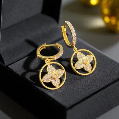 Pave 0.77 Carats F/VS1 Round Brilliant Cut Diamonds Halo Drop Earrings 14K Gold - Image 1 of 4