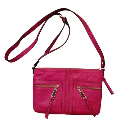 Tommy Hilfiger Crossbody Purse Raspberry T Group Pebble Leather Gold Hardware - Image 1 of 4
