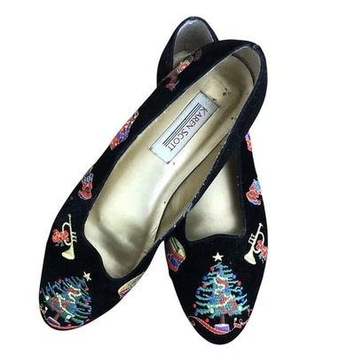 Винтажные балетки Karen Scott из черного бархата с рождественской вышивкой мотив 9 М - Изображение 1 из 4
