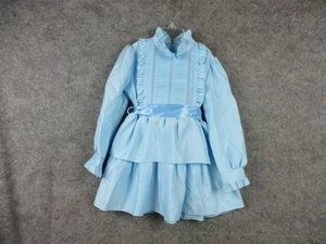 Vintage 70s Sears Girls Dress Size 5 Blue Satin Ruffle Smocked Union Made USA - Picture 1 of 20