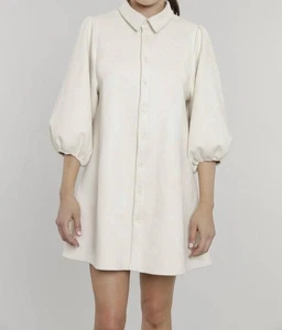 Dolce Cabo Everywhere Leather Dress With Puff Sleeves Cream Suede - Picture 1 of 7