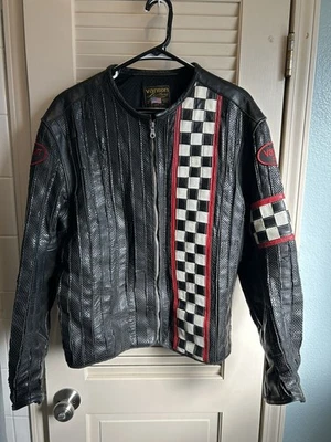 Chaqueta de moto Vanson a rayas de cuero negra roja talla XL a cuadros tablero de ajedrez  Foto 1 de 4