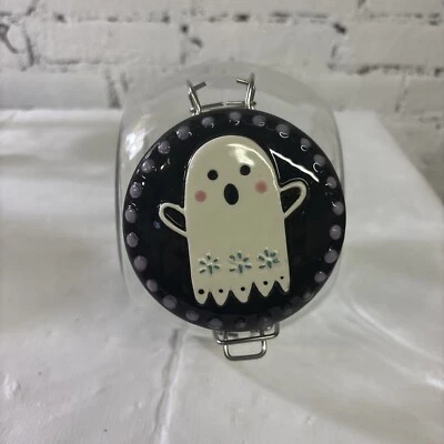 2 QT CLEAR GLASS TILT CANISTER JAR CERAMIC GHOST LID VERY COOL. - Image 1 of 4