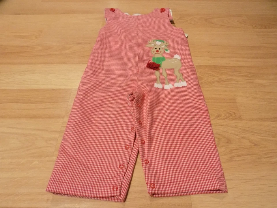 Size 2T Kelly's Kids Red White Plaid Rudolph Reindeer Holiday Longalls Romper  - Image 1 of 4