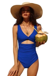 Charmo Womens Blue V Neck Ruched Cut Out One-Piece Swimsuit XS UPF 50+ Vacation - Picture 1 of 10