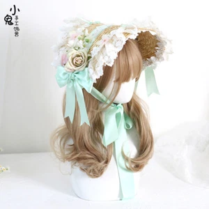 Original Lolita Girl Straw Hat Hair Accessories Elegant Flowers Handmade Hat - Picture 1 of 1