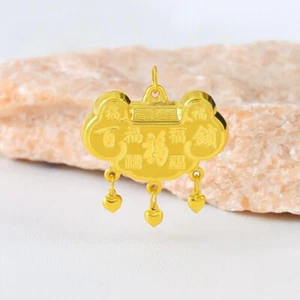 Pure 999 24K Yellow Gold Vintage Five Fu Lock Pendant 2.2-2.4g - Picture 1 of 7