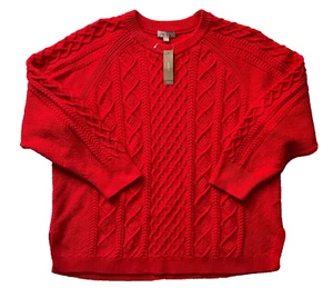 New! J. Crew Women 2X Cotton Sweater Red Cable Knit Fisherman Side Slit Classic - Picture 1 of 10