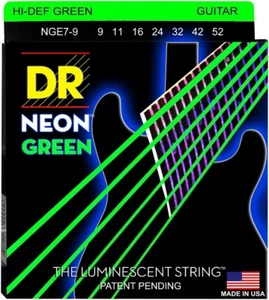 DR Handgefertigte NGE7-9 neongrüne E-Gitarrensaiten 9-52 lite 7-saitiges Set - Bild 1 von 3