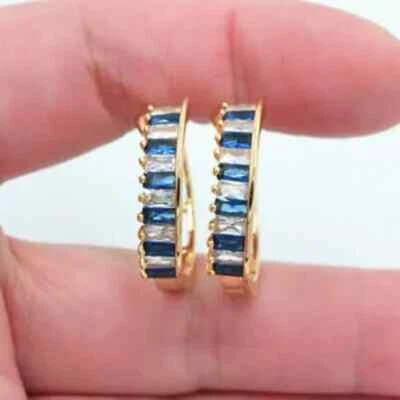 2Ct Lab-Created Baguette Blue Sapphire Huggie Hoop Earrings 14K Yellow Gold Over - Image 1 of 2