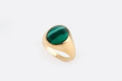 Anillo de sello de plata de ley 925 chapado en oro piedra verde malaquita Foto 1 de 4