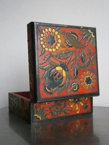 Boite Art Déco Coffret c-1925 Bois peint St émaux décor Fleurs Ancien - Imagen 1 de 17